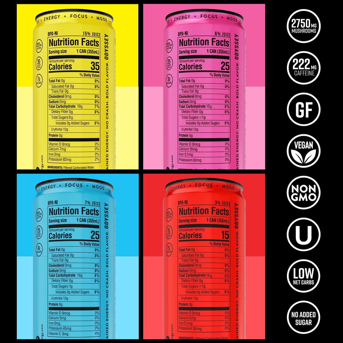 Odyssey Elixir variety pack cans highlight convenient, sustained energy for study and creative tasks.