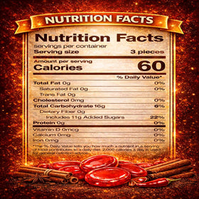 Close-up of glossy red cinnamon discs showing bold spicy-sweet flavor.