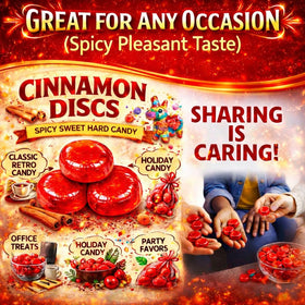 Cinnamon Discs shown being poured into a candy bowl for events.
