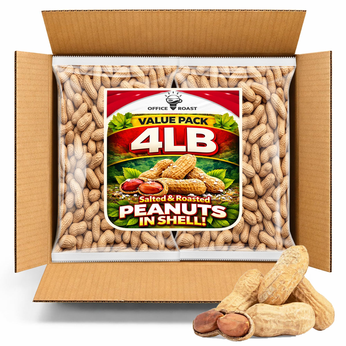 Office Roast peanuts in shell 4lb bulk pack ready for sharing.