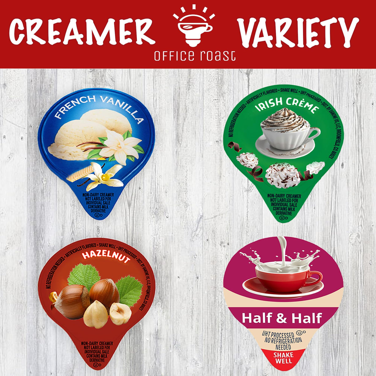 Office Roast Hazelnut creamer single enhances coffee with a smooth nutty aroma