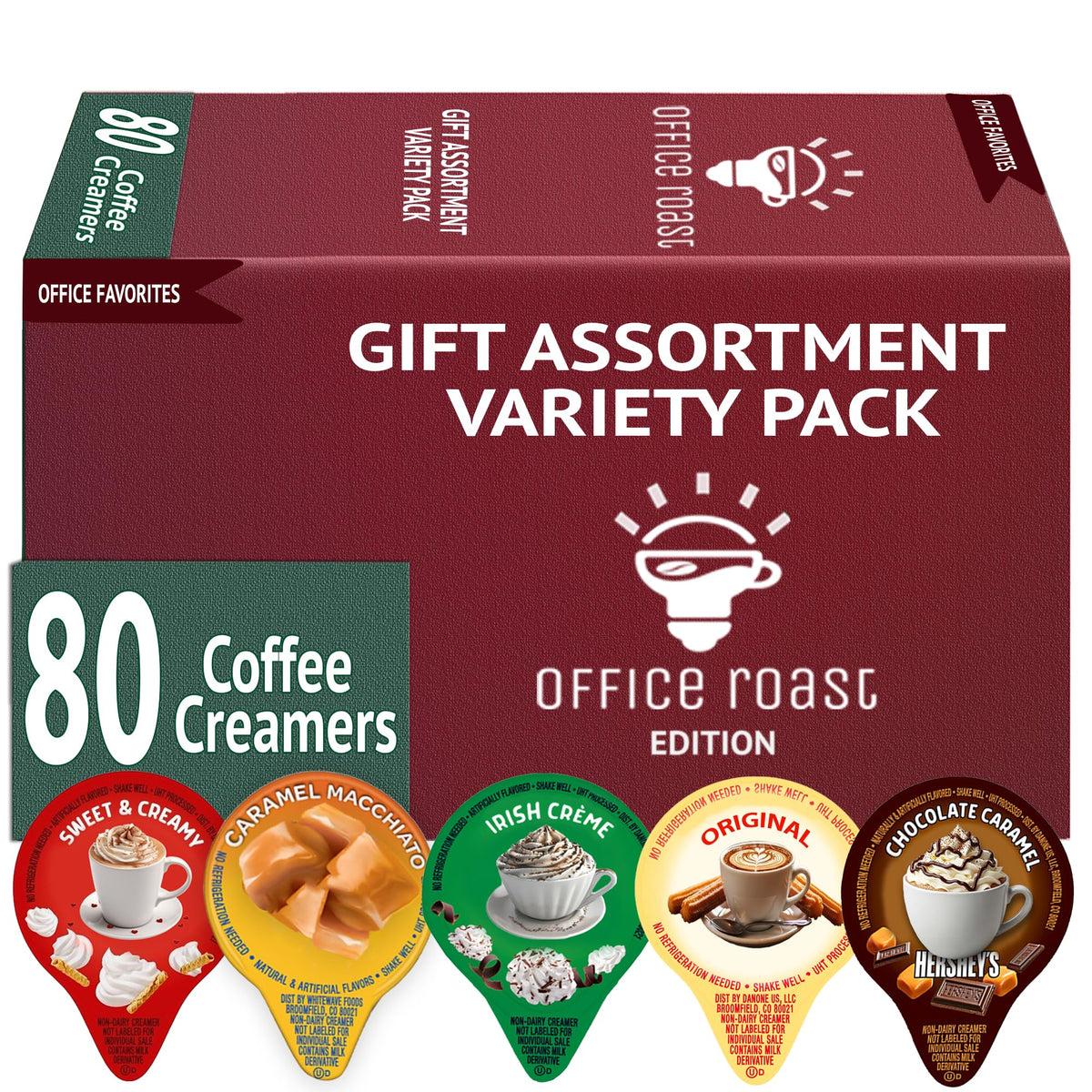 Office Roast variety pack box with creamers for quick desk-side coffee customization.