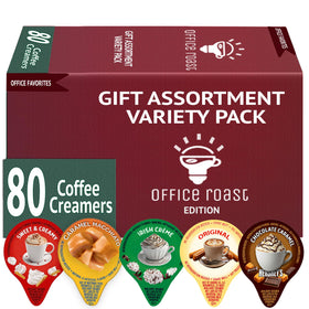 Office Roast variety pack box with creamers for quick desk-side coffee customization.