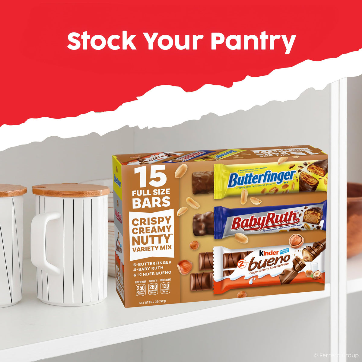 Office pantry display featuring Butterfinger, Baby Ruth, and Kinder Bueno for snacks.