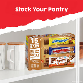 Office pantry display featuring Butterfinger, Baby Ruth, and Kinder Bueno for snacks.