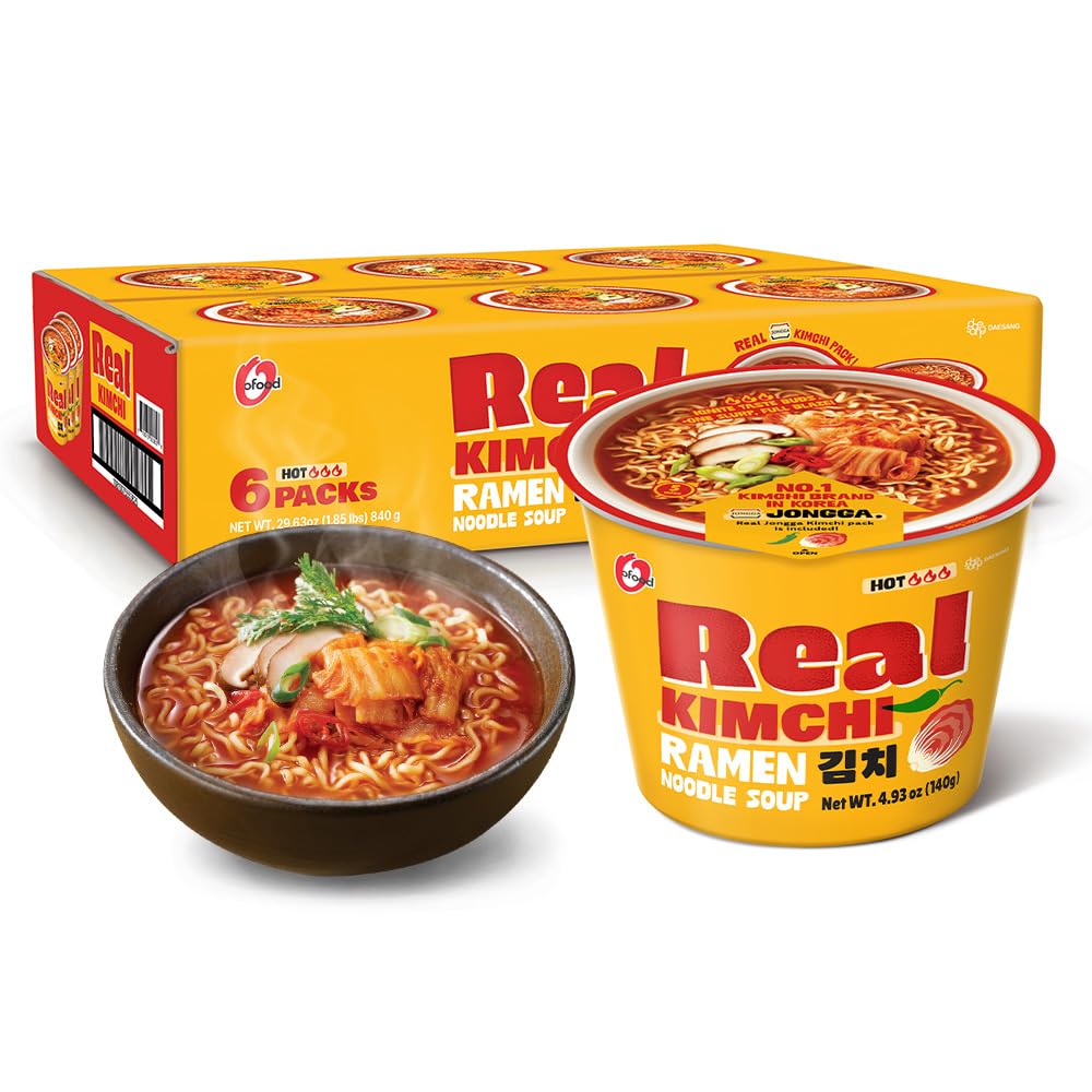 O’Food Original Kimchi Ramen Cup in a 6-cup pack for bold, authentic flavor.