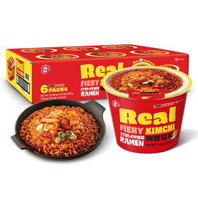 O’Food ramen cup kimchi stir-fry closeup showing bold flavor and texture