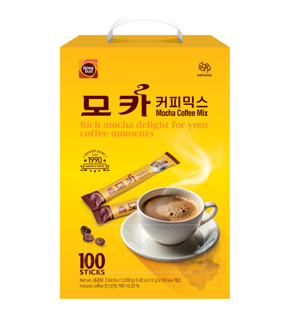 O’Food Rosebud Coffee Mix packaging highlights authentic Korean 3-in-1 blend for convenience.
