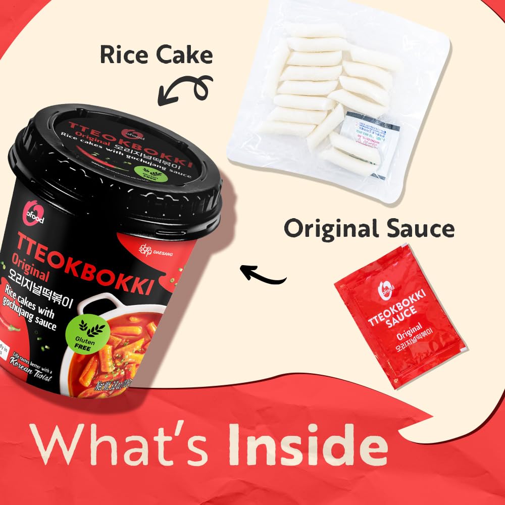 O’Food Teokbokki cup setup showing ingredients and ready-to-microwave layout.