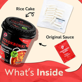 O’Food Teokbokki cup setup showing ingredients and ready-to-microwave layout.