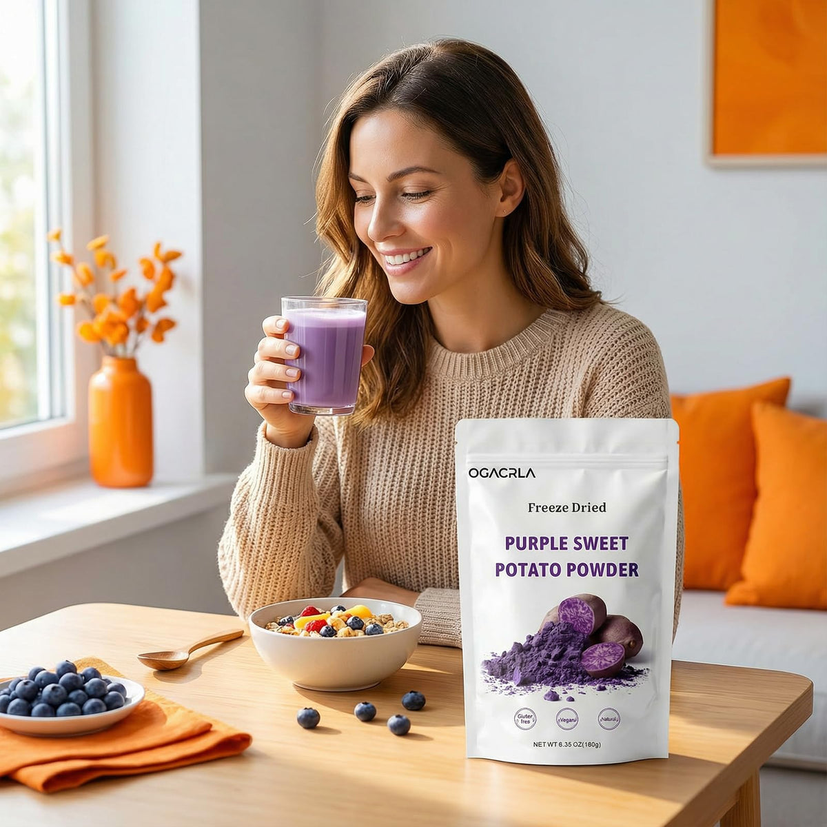 OGACRLA powder label highlights gluten-free vegan non-GMO benefits.