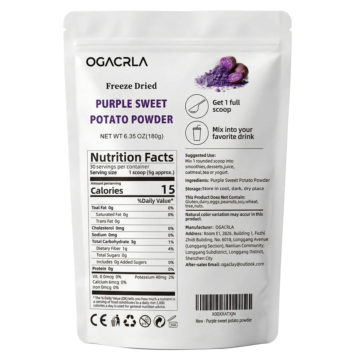Measuring scoop with OGACRLA powder for precise recipe portions.