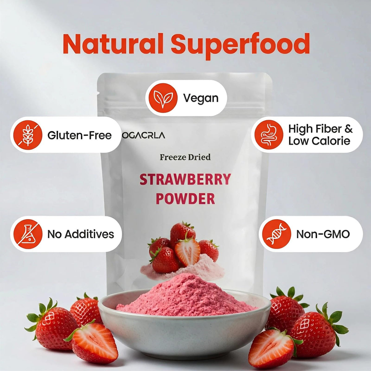 OGACRLA Strawberry Powder scoop included for precise portioning in meals