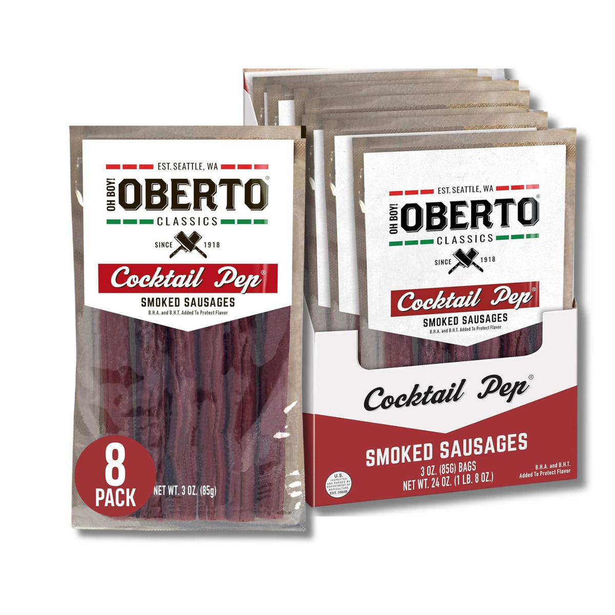 Oberto Oh Boy Classics Cocktail Pep Smoked Sausages pack front showing a convenient pantry snack for sharing