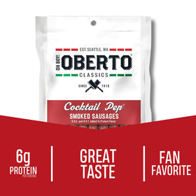Oberto Oh Boy Classics Cocktail Pep Smoked Sausages on a plate highlighting smoky flavor and bite-sized portions