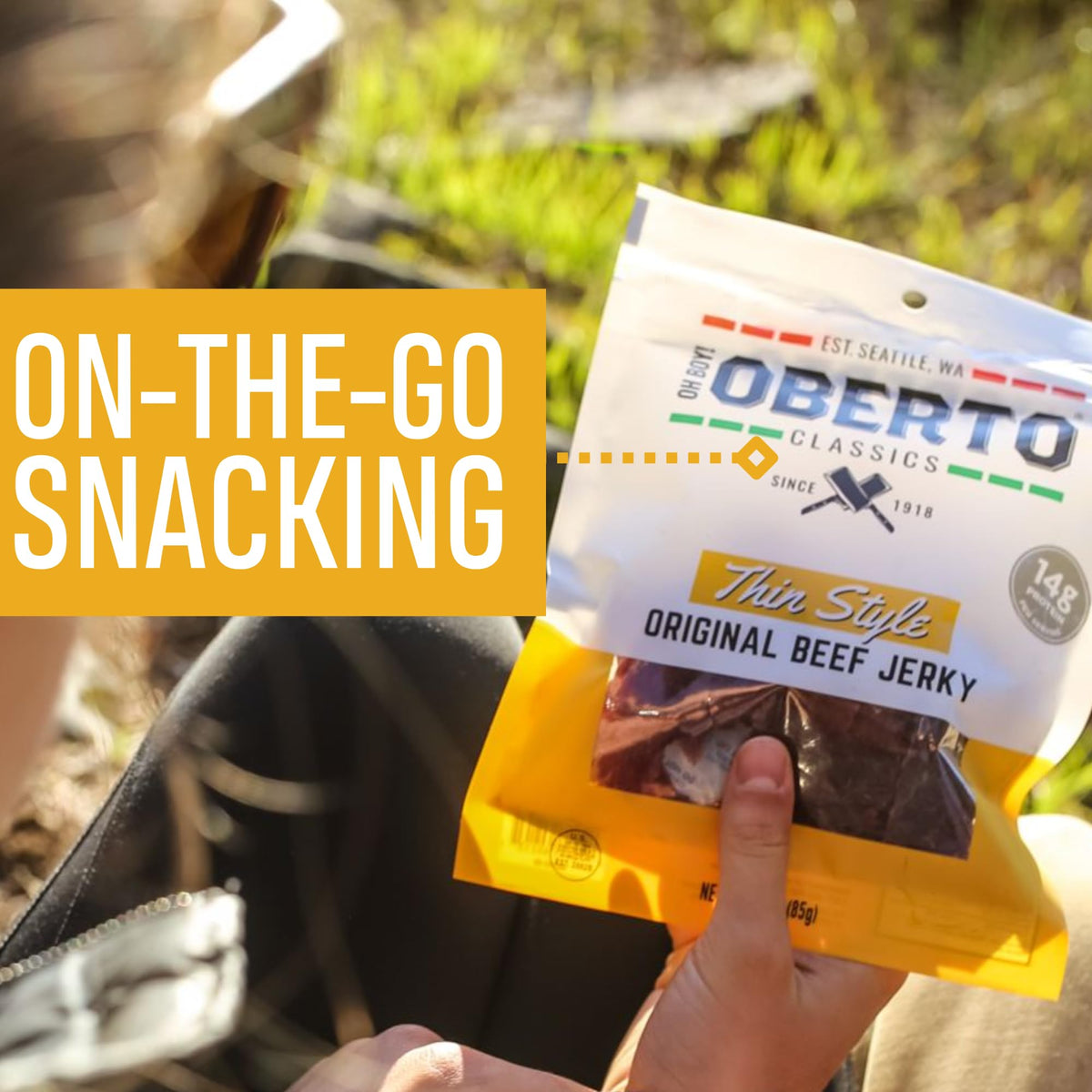 Oh Boy Oberto Jerky on-the-go snack image emphasizes portability.