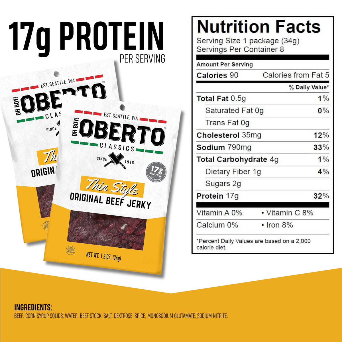 Oberto Oh Boy Jerky pack-front highlights convenient single-serve pouches.