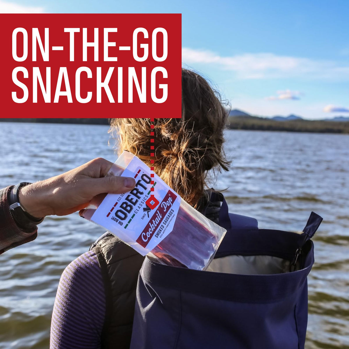 Oberto Oh Boy on-the-go pouch emphasizing portability for desk lunches and travel snacking