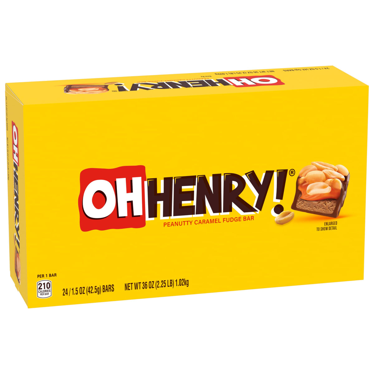 Oh Henry! peanuty caramel fudge bar wrapped, ideal for on-the-go snacking.