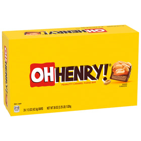 Oh Henry! peanuty caramel fudge bar wrapped, ideal for on-the-go snacking.
