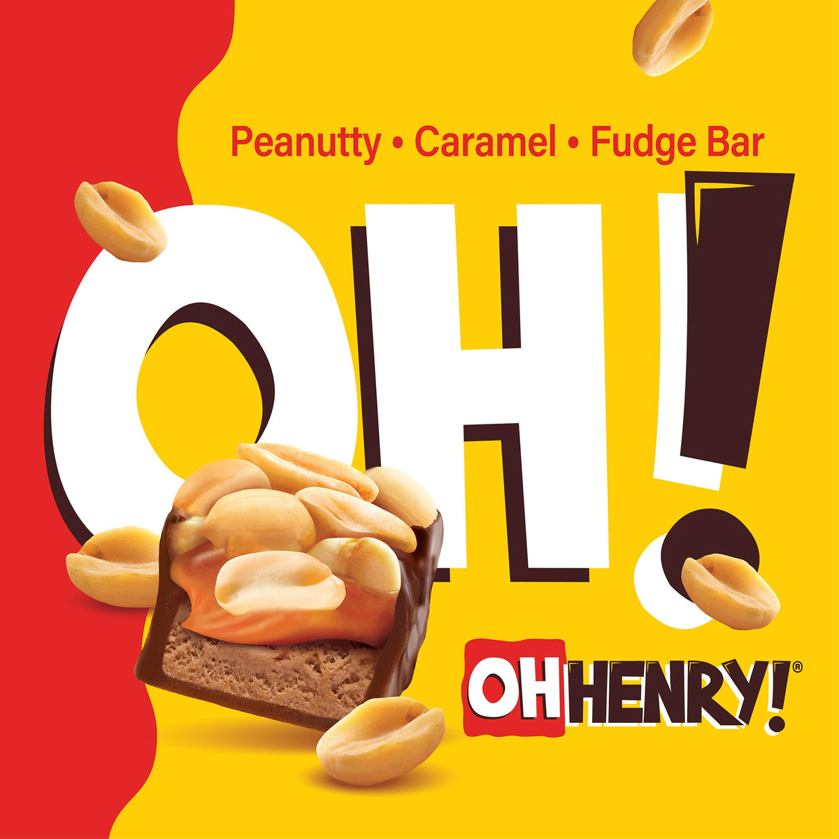 Oh Henry! bar with caramel and nougat, glossy and inviting.
