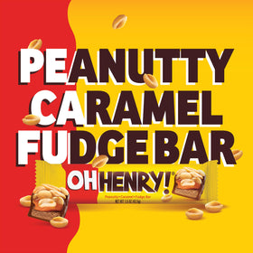 Oh Henry! close-up of peanuty caramel fudge bar highlighting roasted peanuts.