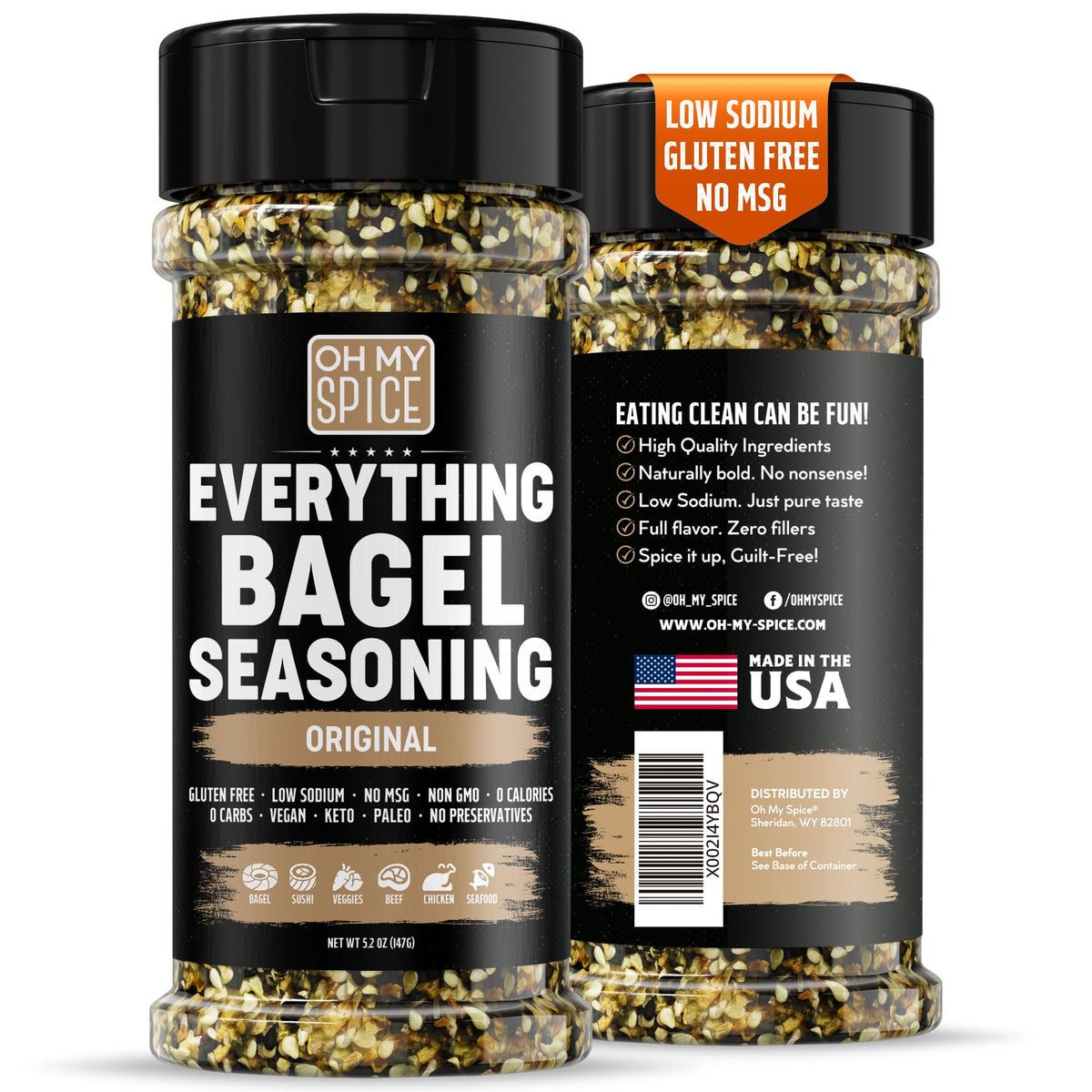 Oh My Spice Everything Bagel Seasoning Blend on a spoon with sesame seeds for savory crunch.