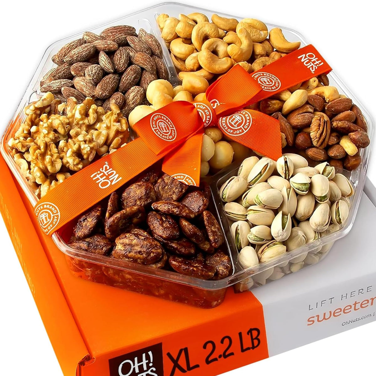 Oh Nuts 7 Variety Nuts Gift Basket front view highlights premium roasted nuts for gifting