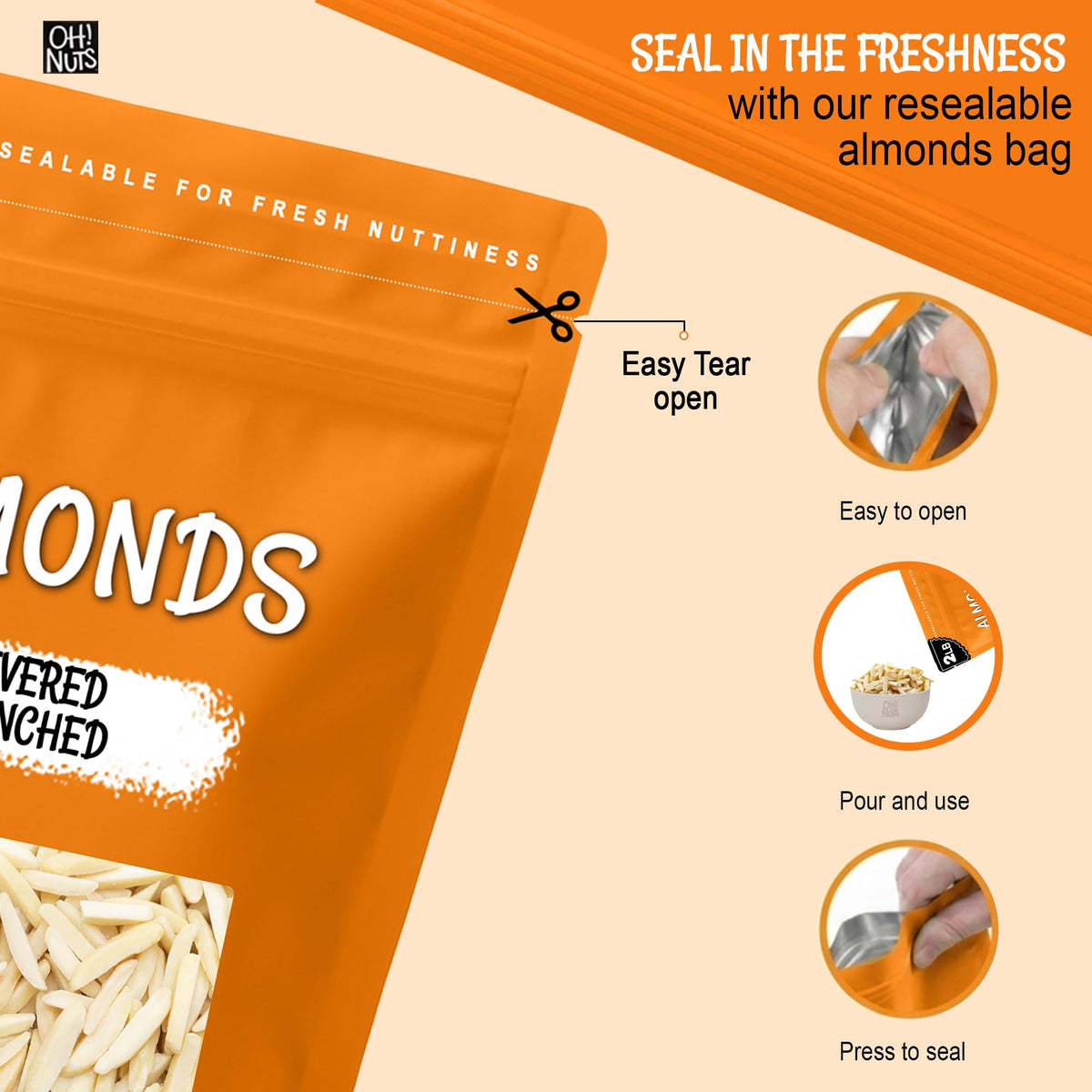 Oh! Nuts almonds bag resealable top close-up for lasting freshness.