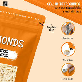 Oh! Nuts almonds bag resealable top close-up for lasting freshness.