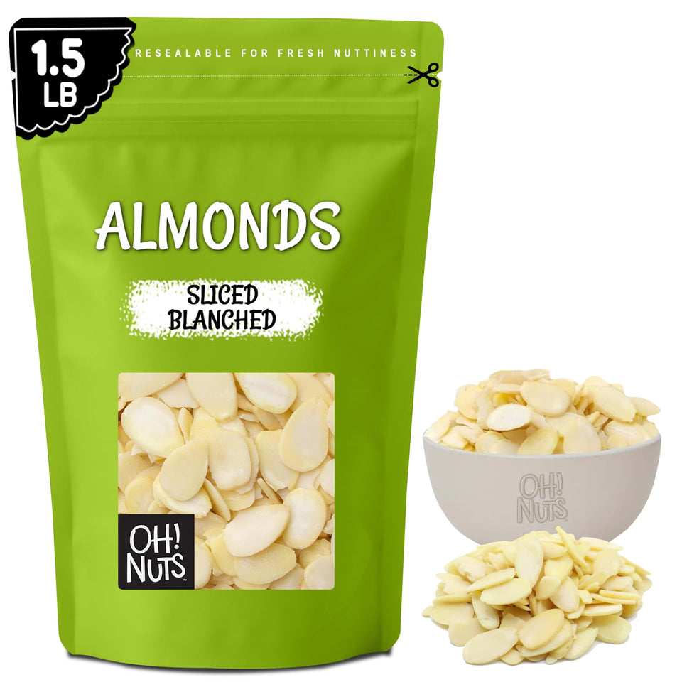 Oh! Nuts almonds blanched sliced raw in a 1.5 lb bag for fresh snacking.