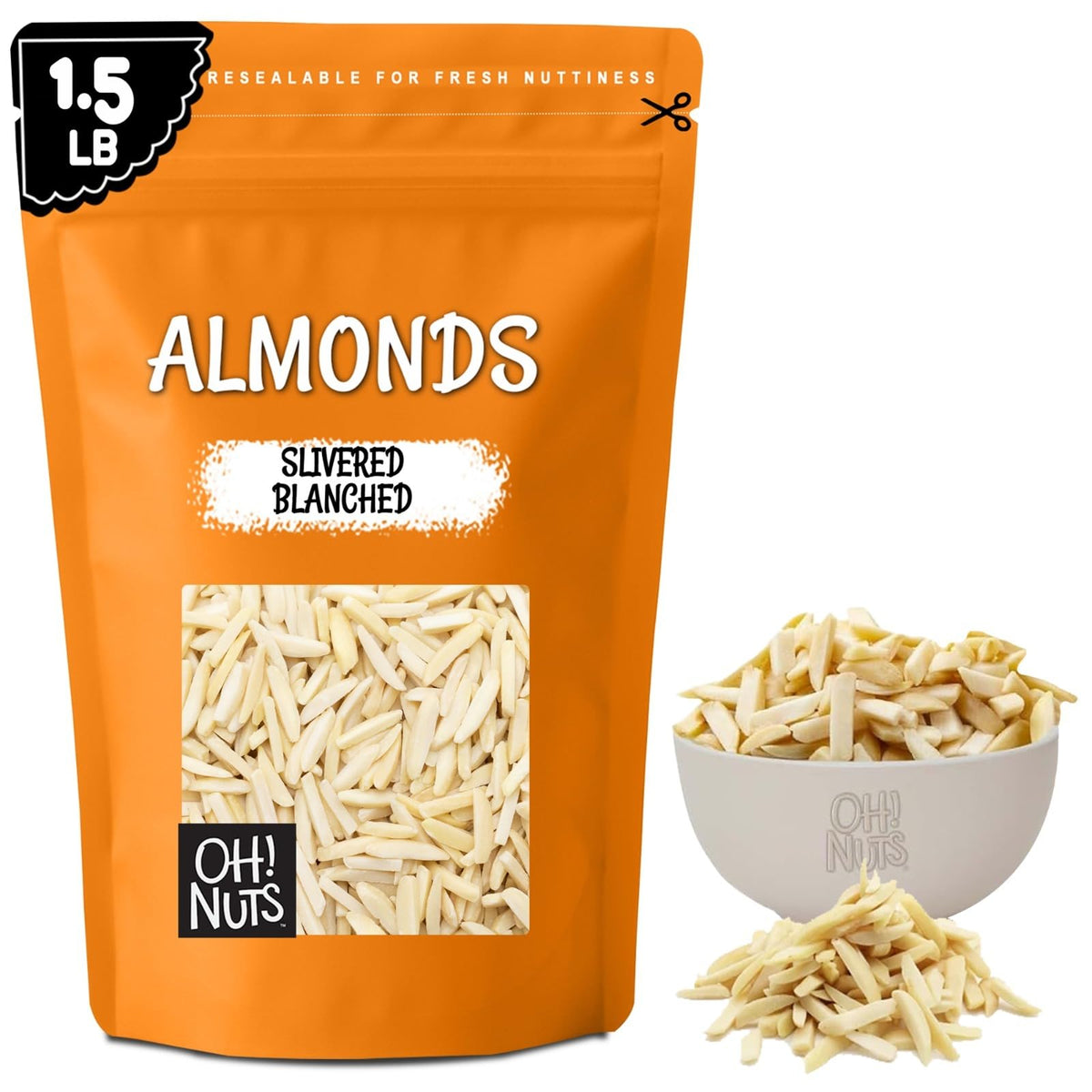 Oh! Nuts blanched slivered almonds in a 1.5 lb bag for fresh snacking.
