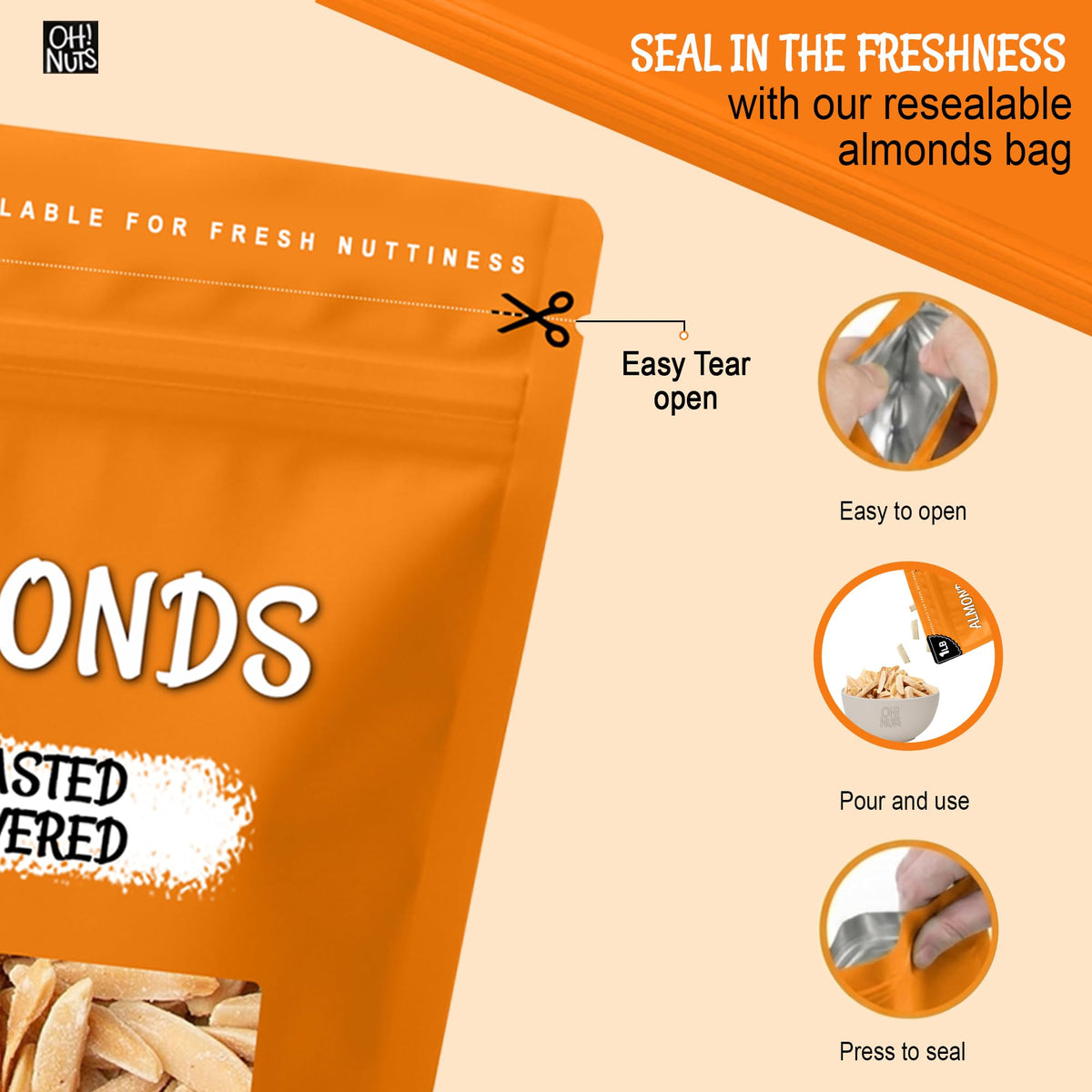 Oh! Nuts Almonds close-up texture shows crisp toasted pieces.