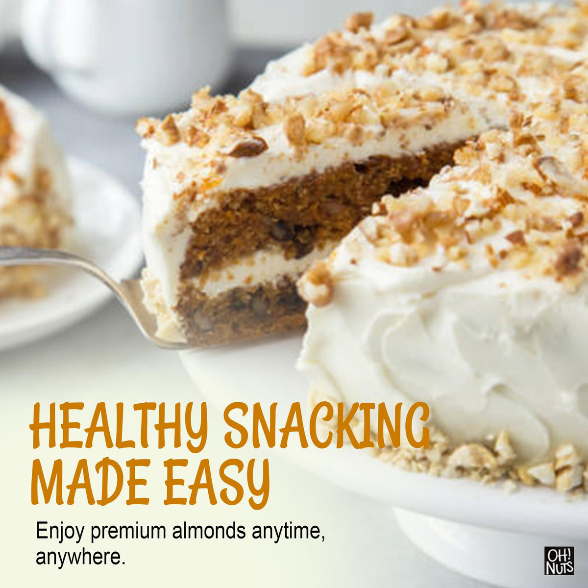 Oh! Nuts almonds on cutting board with spoon for versatile dessert ingredients