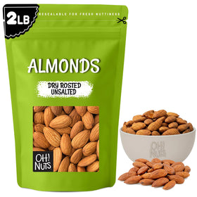 Oh! Nuts almonds dry roasted unsalted bag closeup showing fresh, protein-rich snack