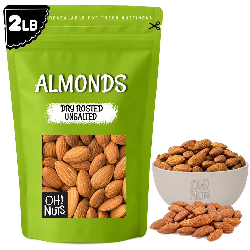 Oh! Nuts almonds dry roasted unsalted bag closeup showing fresh, protein-rich snack