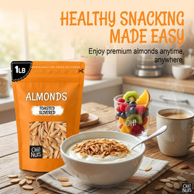 Oh! Nuts Almonds kosher label close-up, trusted pareve certification.