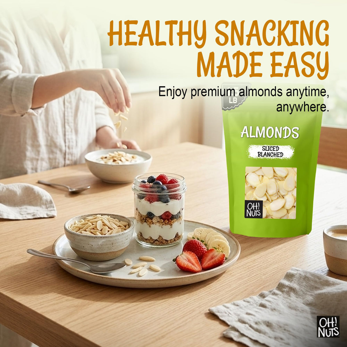 Oh! Nuts resealable bag preserves almonds' freshness and crunch.