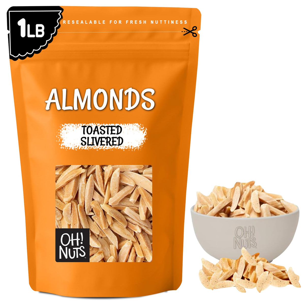 Oh! Nuts Almonds toasted slivered in a resealable bag, perfect for a quick high-protein snack.