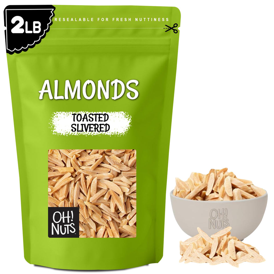 Oh! Nuts toasted slivered almonds in a bag front highlight a protein-packed snack