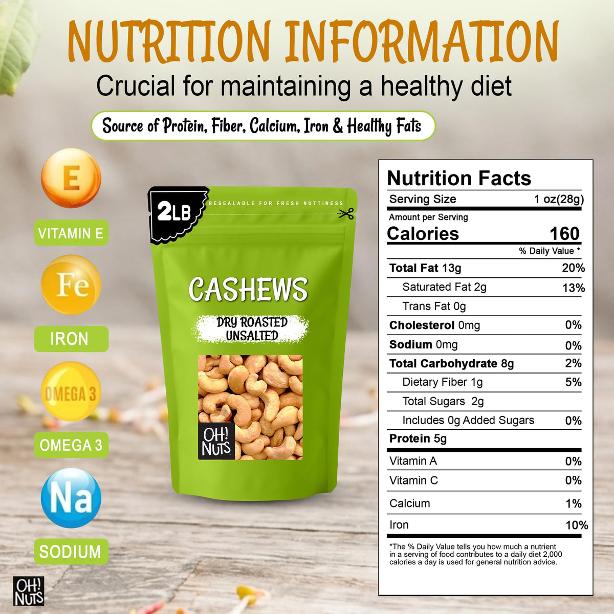 Oh! Nuts cashews roasted unsalted bag back with details