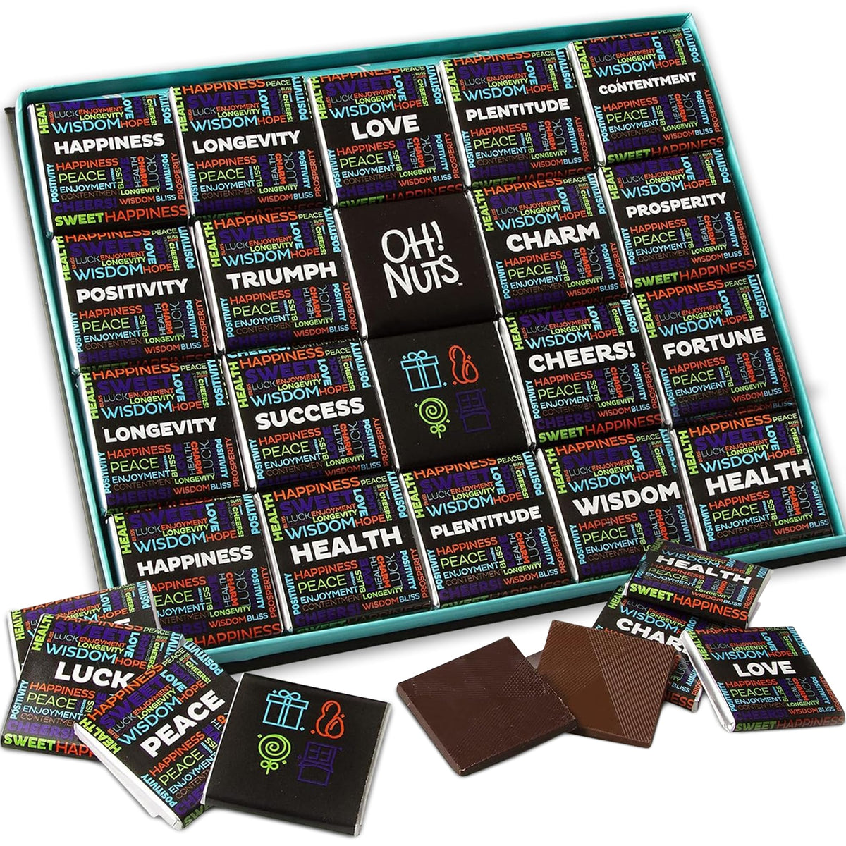 Oh! Nuts chocolate gift basket wrapped box shows premium chocolates for gifting