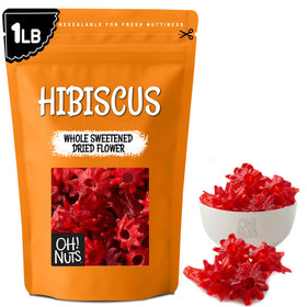 Oh! Nuts dried hibiscus flowers in bag-front view, suitable for tea and infusion.