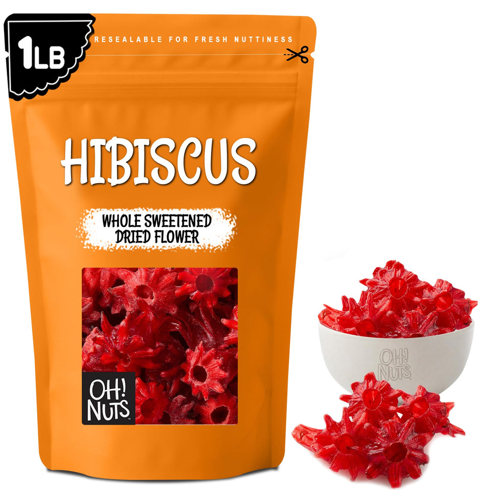 Oh! Nuts dried hibiscus flowers in bag-front view, suitable for tea and infusion.