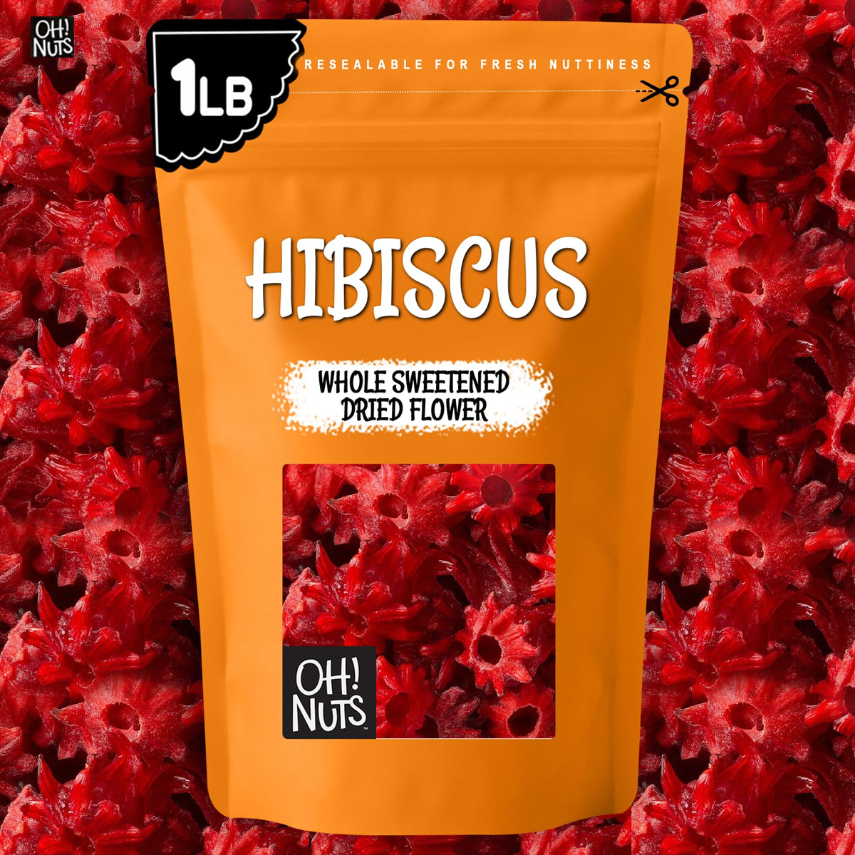New York packaged Oh! Nuts hibiscus flowers emphasizing freshness and quality.
