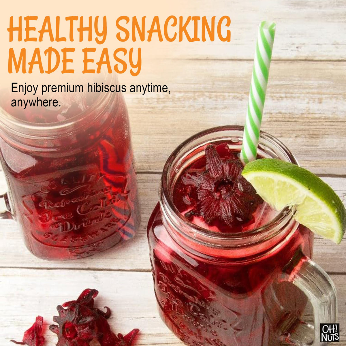 Hibiscus tea infusion with Oh! Nuts flowers creating a bright, refreshing brew.