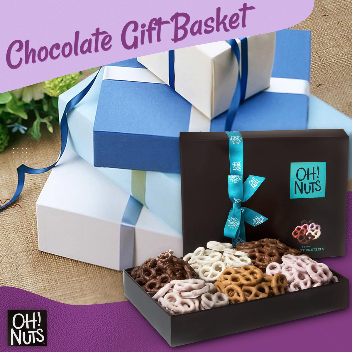 Oh! Nuts gift box with black wrap and turquoise ribbon elevates gift presentations.