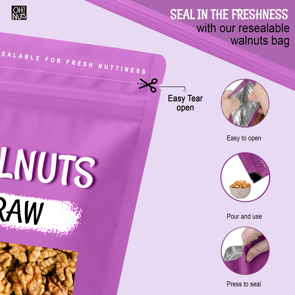 Oh! Nuts Keto-friendly raw walnuts, unsalted for low-sugar snacking.