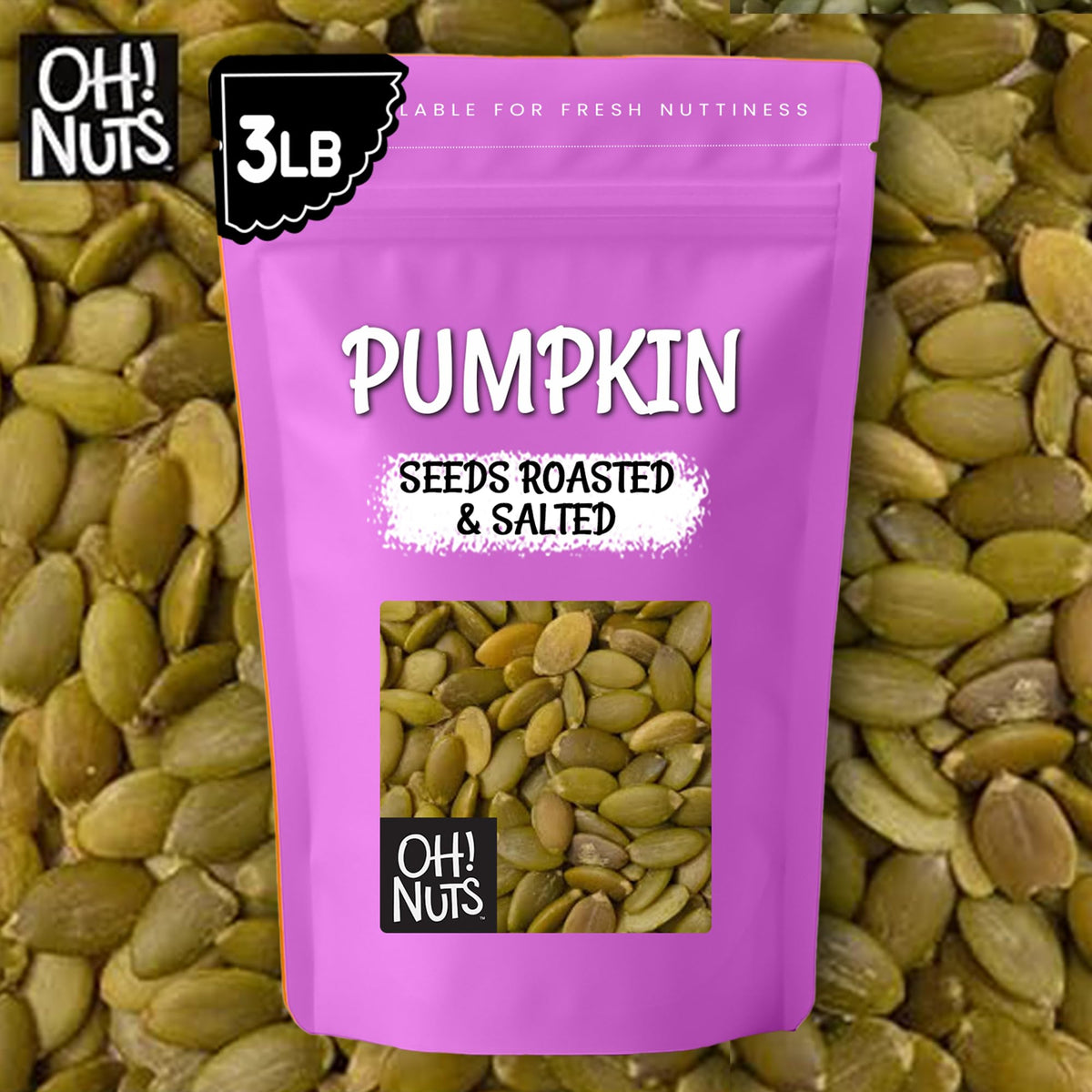 Kosher-certified Oh! Nuts pumpkin seeds for mindful snacking.