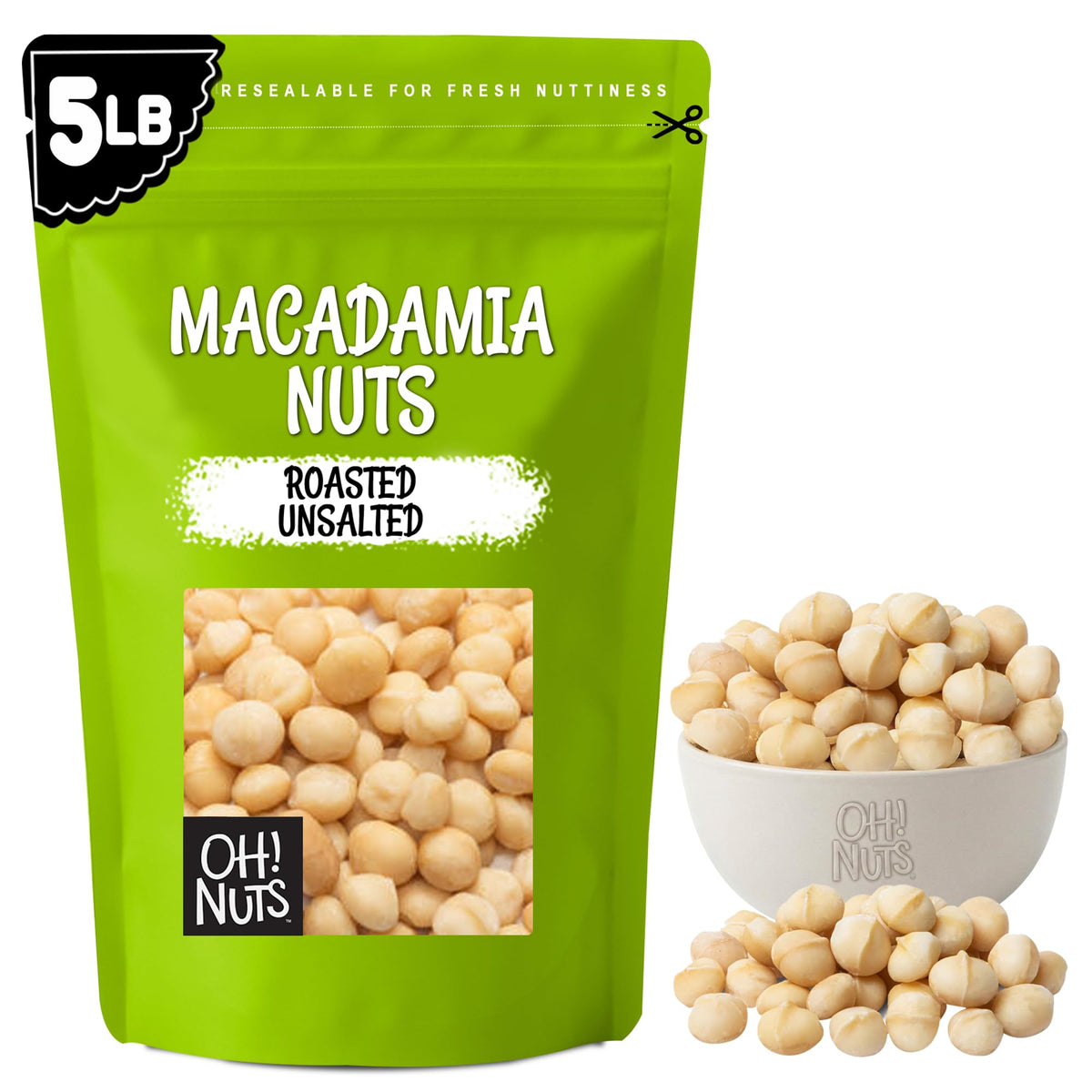Oh! Nuts Macadamia Nuts 5lb bag with premium dry roasted kernels for everyday snacking